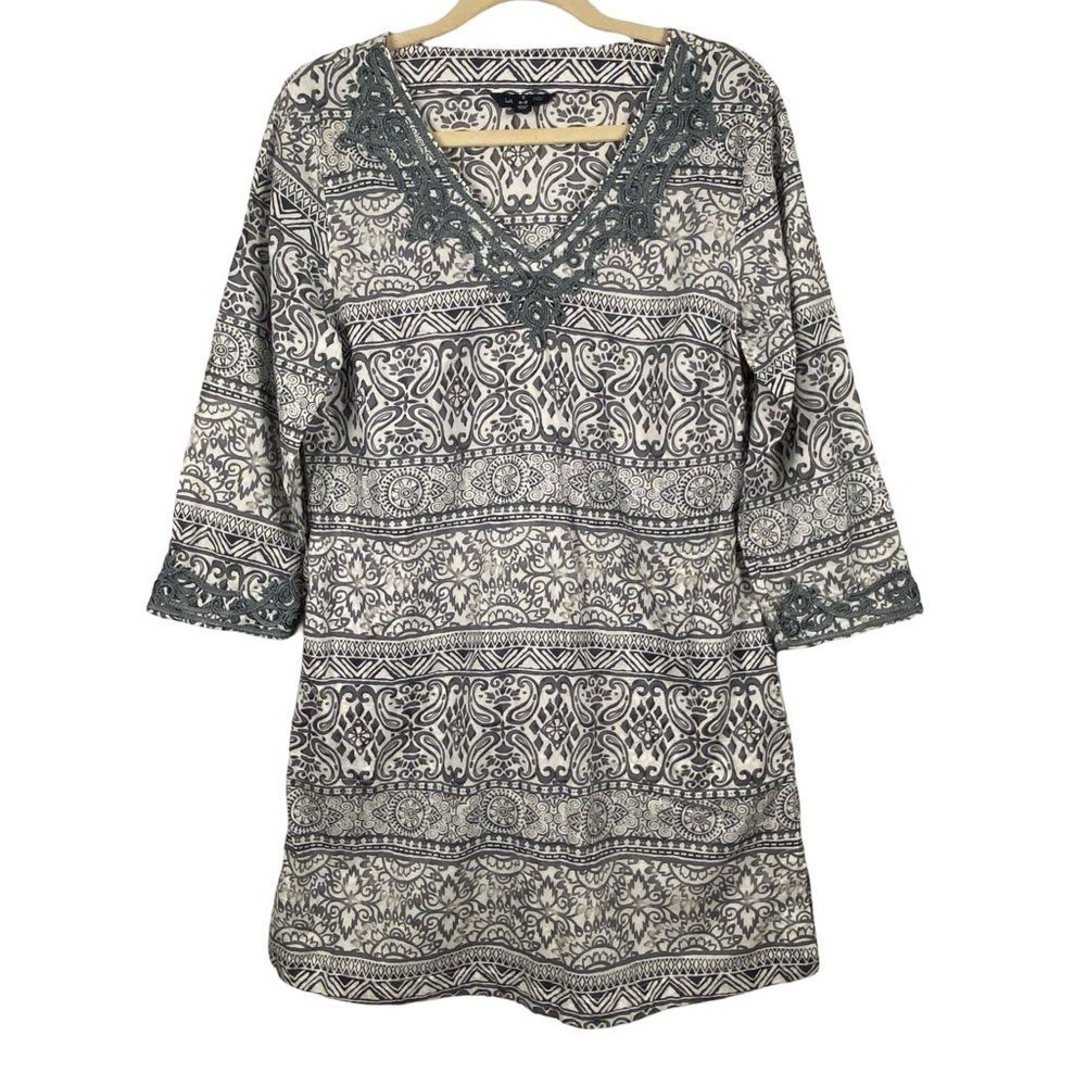 Land's End Embroidered Paisley Cotton Cover‎ Up Dress Gray White S 6-8